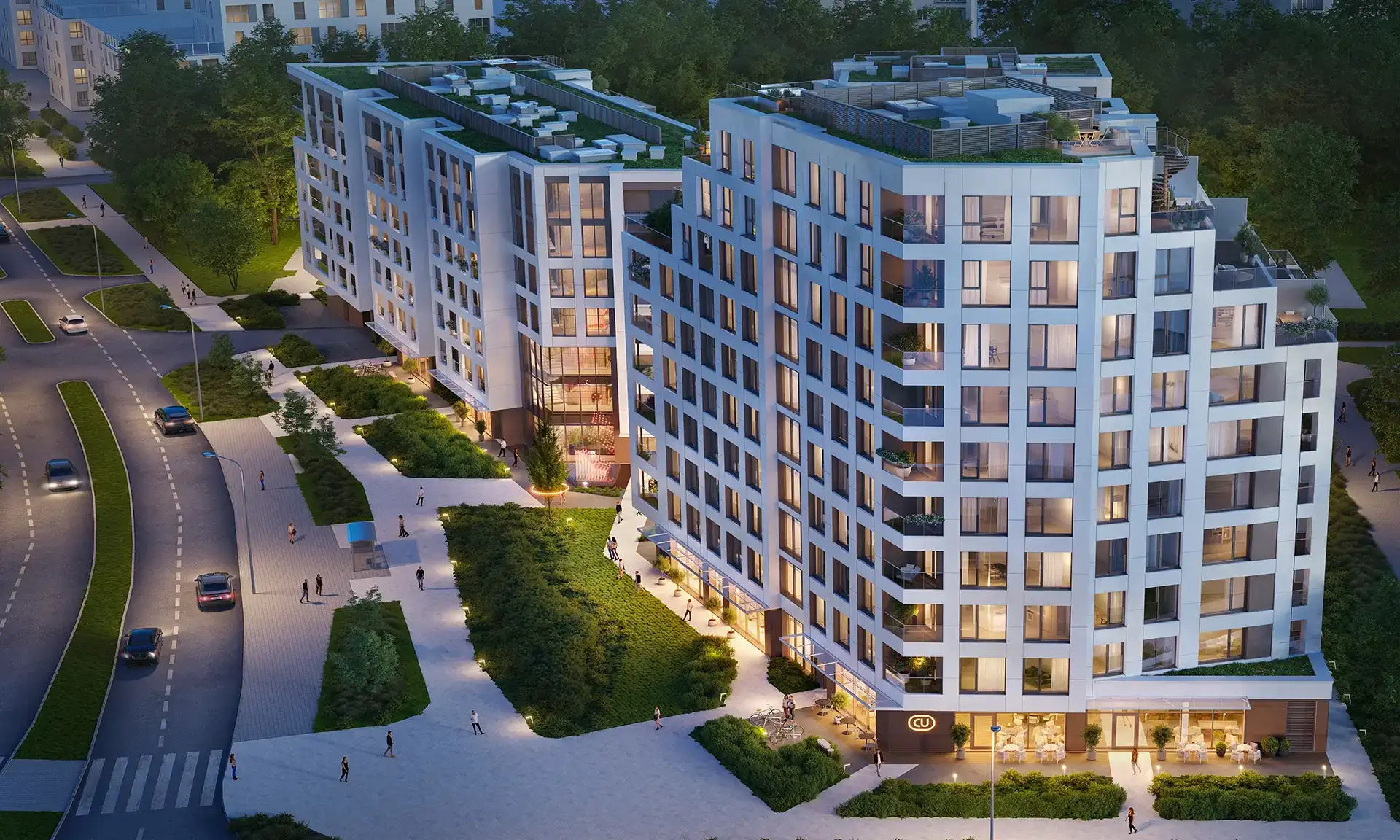 Budynek inwestycji Cynamonowa w nocnej oprawie, Warszawa Ursynów